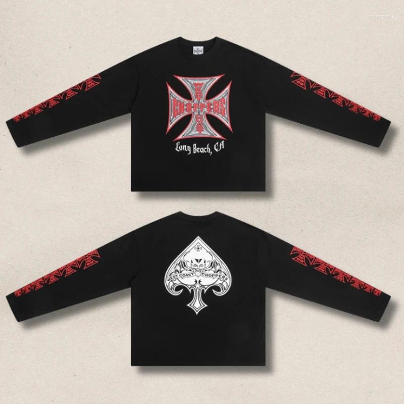 Oversize Men Women Streetwear Vintage West Choppers Tshirt Iron Cross Spades Motorcycle Devil Print Long Sleeves