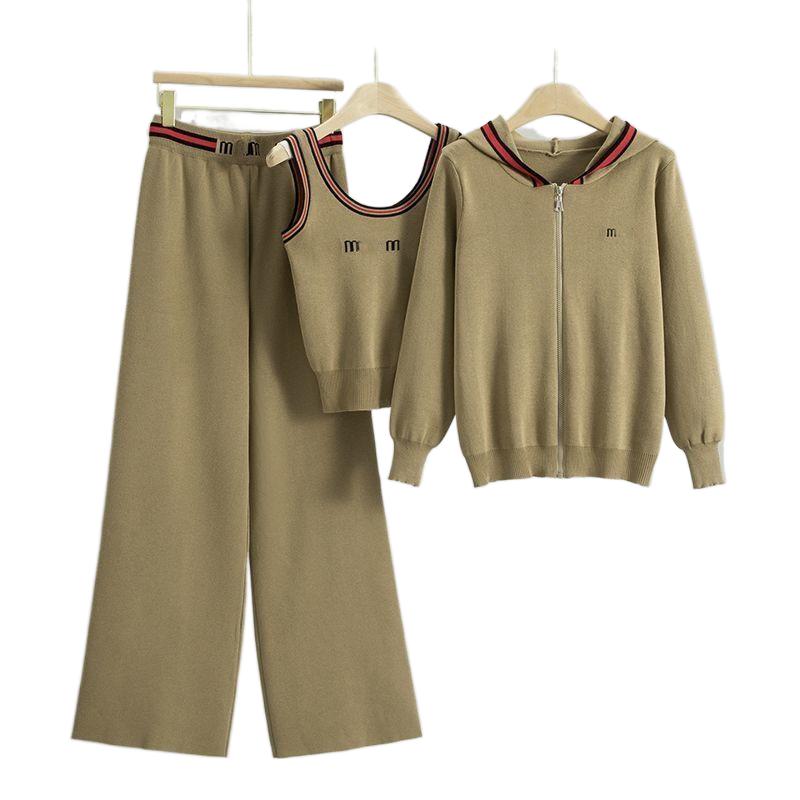 Women new autumn hooded sweater coat knitted vest and wide leg long pants 3 pcs set logo jacquard designer suit SML