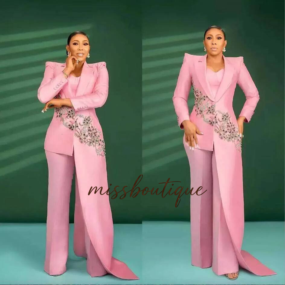 Luxury Baby Pink Women's For Wedding 2 Piece Sets Beading Appliques Crystals Business Slim Fit Women Mother Banquet Party Suits Customized Q019
