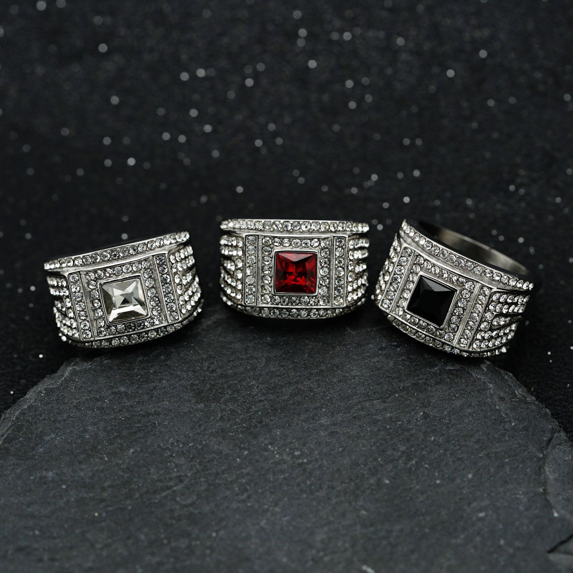 European and American New 316 Stainless Steel Full Three-Dimensional Color Diamond Fashion Personality Gemstone Men's Ring Wholesale