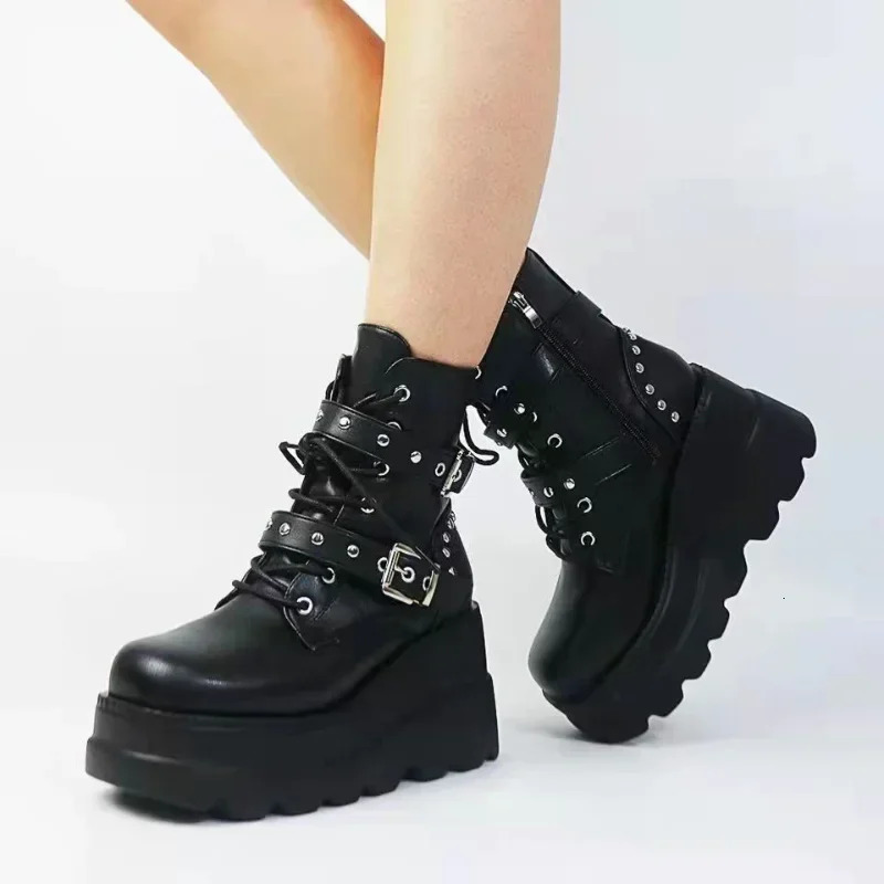 Women's Pu Leather Ankle Boots Women Autumn Winter Round Toe Lace Up Shoes Woman Motorcycle Platform Botas Gothic Shoes 261019