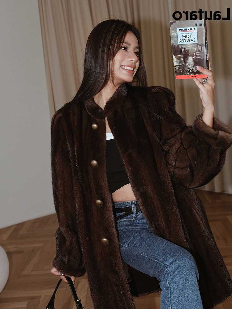 Winter Lautaro Brown Thick Warm Soft Mink Fur Coat Women Long Slve Stand Collar Elegant Chic Fluffy Jacket S261016HSLO