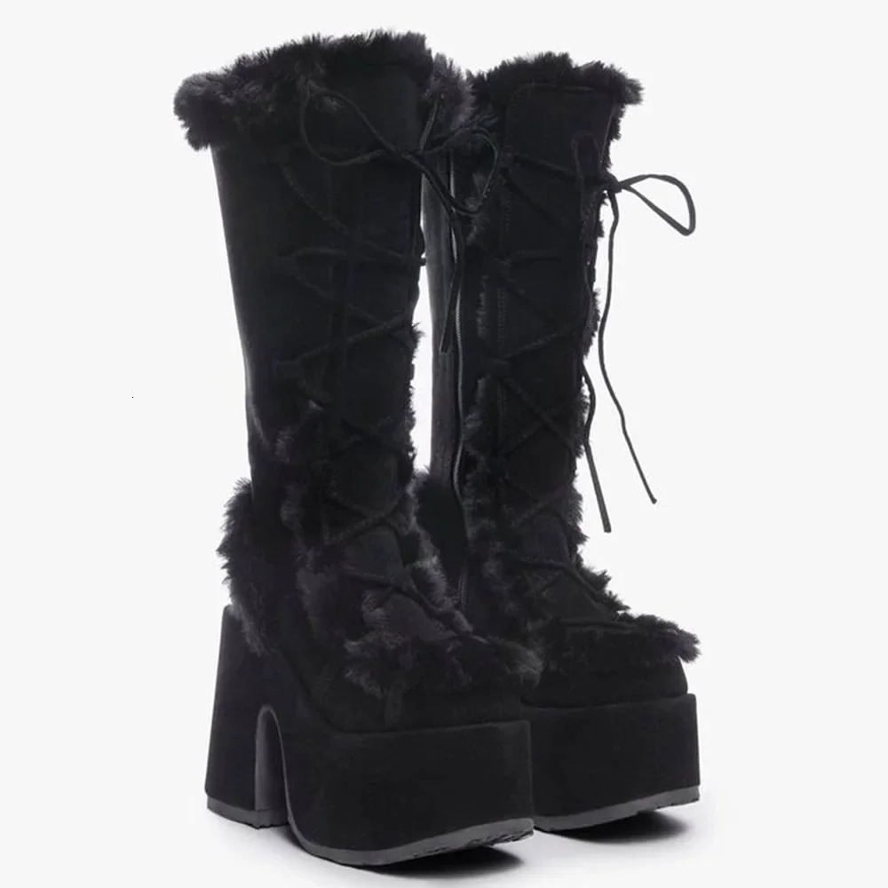2026 Winter Big Size 43 y2k White Punk Style Women's Faux Fur Chunky Platform Boots Gothic Black Block High Heels Shoes 261019