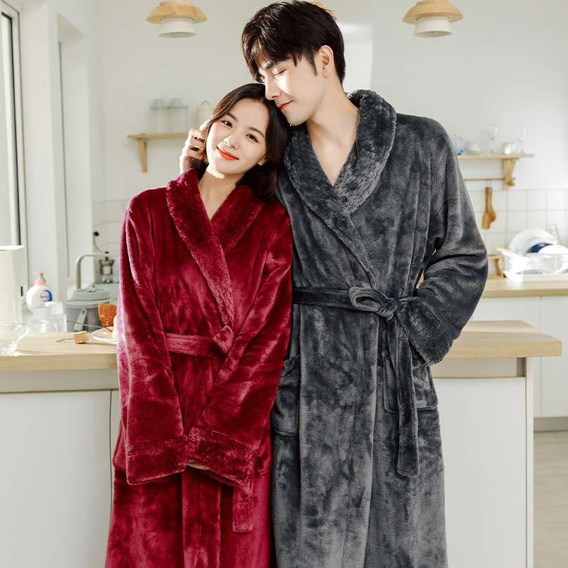 Couple Flannel Robe Winter Thick Warm Bathrobe Long Fleece Sleepwear Loungewear for Men and Women 261019