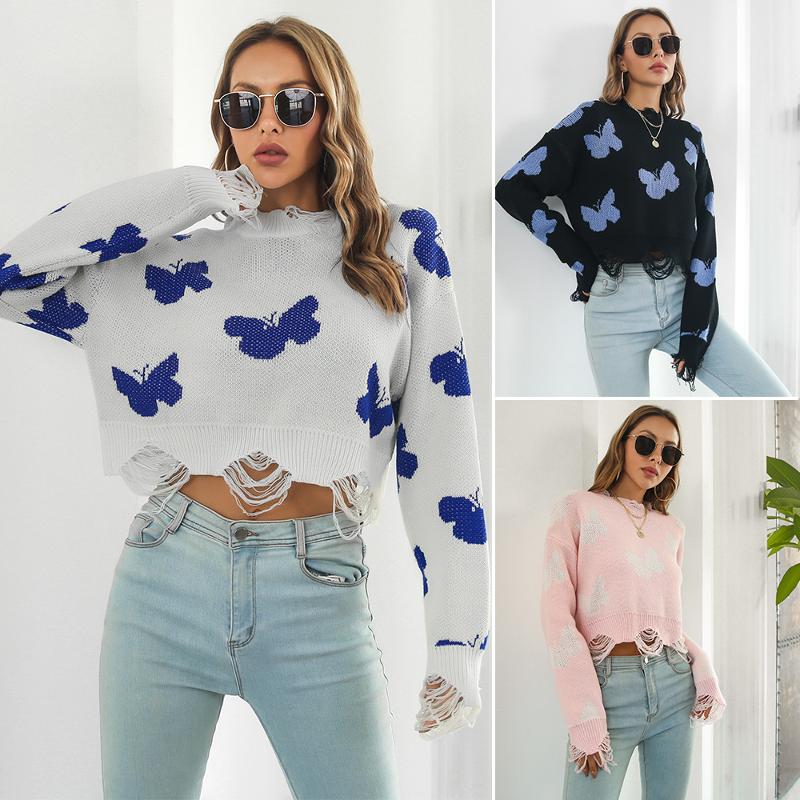Y2K – pull en tricot Jacquard papillon en détresse pour femme, pull court de styliste à manches longues, Streetwear, haut d'automne et d'hiver