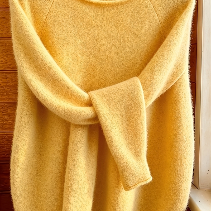 Women Solid Color Roll Edge Crew Neck Fuzzy Knit Sweater Fall Winter Loose Casual Elegant Versatile Pullover Top For Daily y261008