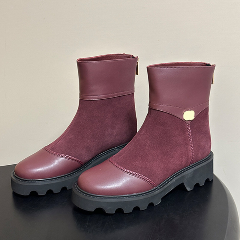26SS Womens Designer Thick Soled Short Boots Fashion Wine Red Calf Splicing Suede Shoes Upper Back Zipper Short Boots Womans Classic Daily Commuter
