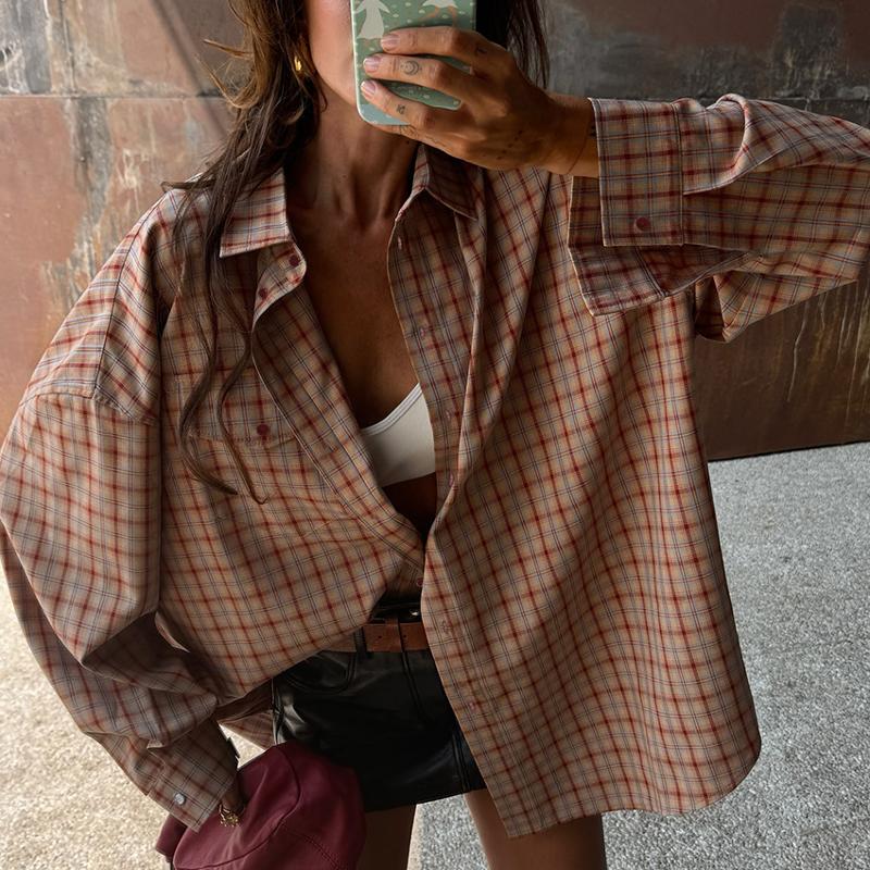 Women Vintage Plaid Point Collar Button Down Shirt Oversized Drop Shoulder Long Sleeve Retro Loose Silhouette Casual Fashion Blouse