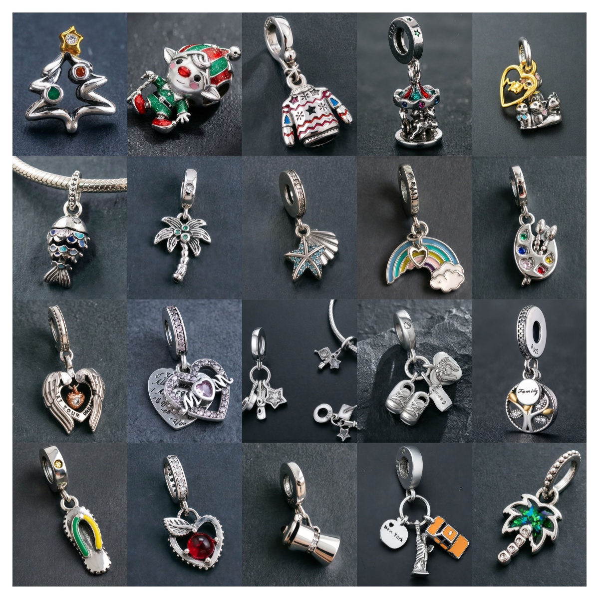 Sterling Silver Charm Bead Dangle Pendant, S925 Fit Original Bracelet, Christmas Tree Elf Rainbow Starfish DIY Jewelry Gift for Women Girls