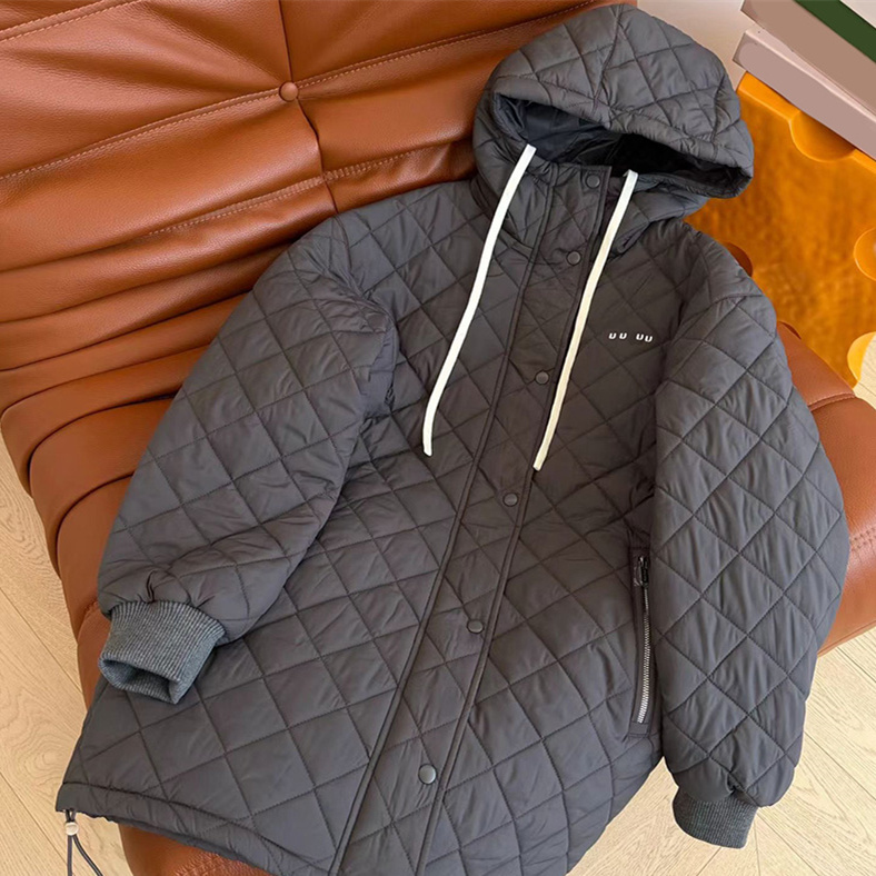 Hooded Padded Midi Coat Long Sleeve Plaid With Drawstring Casual Gray Outwear Winter Warm Outdoor Daily Versatile Down Jacket