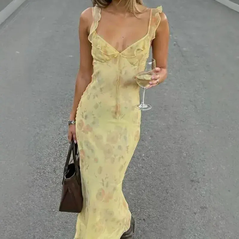 Urban Sexy Dress Boho Vintage Floral Mesh Mermaid Maxi Dress V Neck Ruffled Spaghetti Straps Tie Slim Vacation Party Slip Dresses bodycon Casual Ves