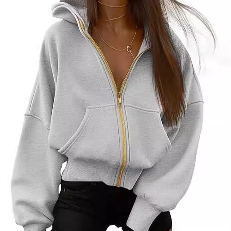 Designer Women's Zip Up Hooded Cropped Sweatshirt Long Sleeve Fleece Casual Hoodie Streetwear