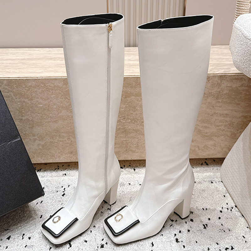 Fashion Designer Womens Square Toe High Boots Classic White Smooth Calf Leather Metal Buckle Shoes Upper Knight Boots Womans Casual Matching Knee Hi