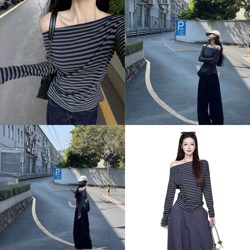 Vintage-style striped long-sleeve T-shirt for women, Korean-style relaxed fit, slim and casual, one-shoulder, spring and autumn off-shoulder top