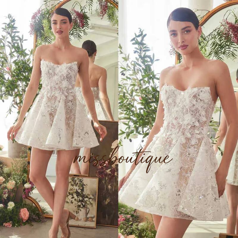 Sexy Strapless Prom Fashion Sleeveless Lace Sequins Short Evening Dresses Above Knee Length Mini Skirt Party Gowns Q019