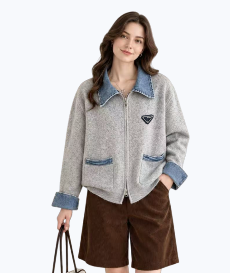 luxury brand Womens Sweater Retro piece denim stitching knitting open sweatshirt sweater womens loose zipper jacket for autumn and winter