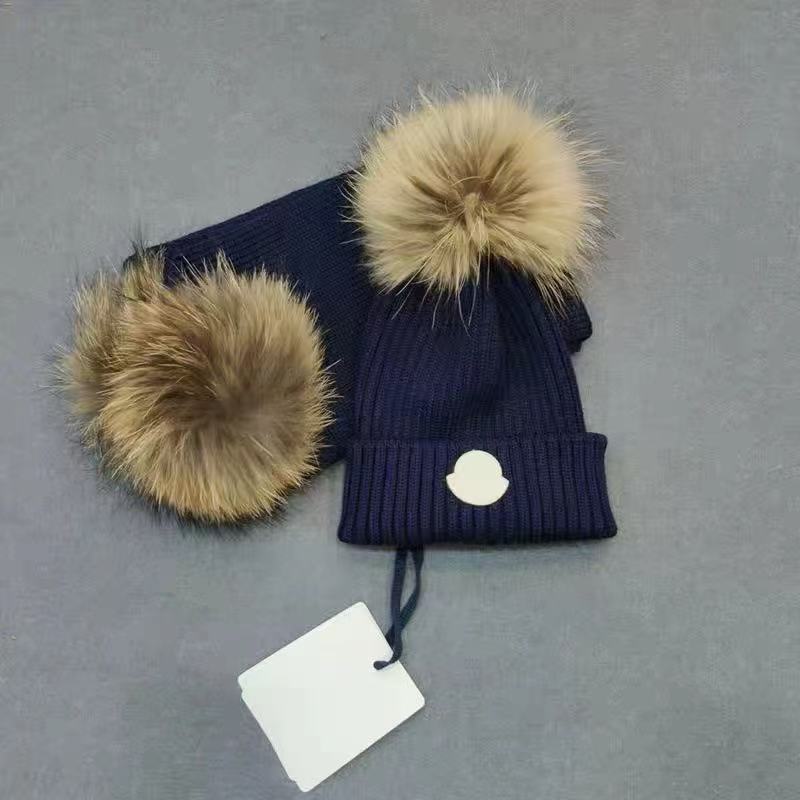 Conjunto de gorro y bufanda para niños y niñas, gorro de invierno con pompón de piel natural, gorro y bufanda