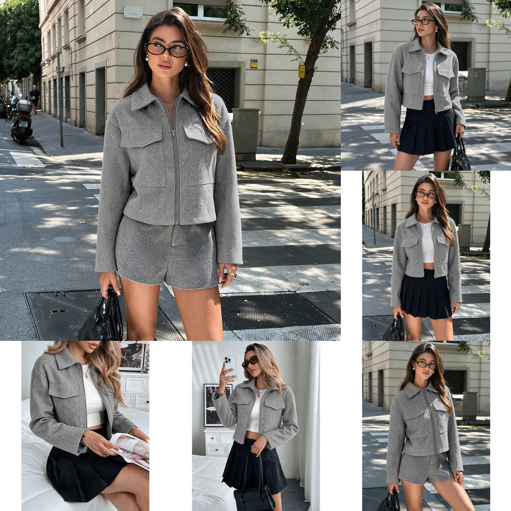 TikTok European and American 2026 autumn/winter new collection: simple, minimalist, and versatile short, loose-fitting wool coat with a solid color,