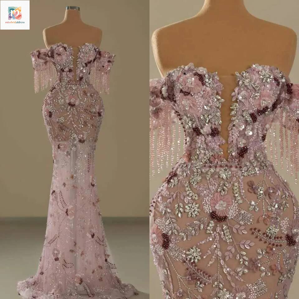 Elegant Mermaid Evening Dress Beads Tassel Crystal Woman Formal Prom Dresses Gala Vestido Noche Customized Mb017