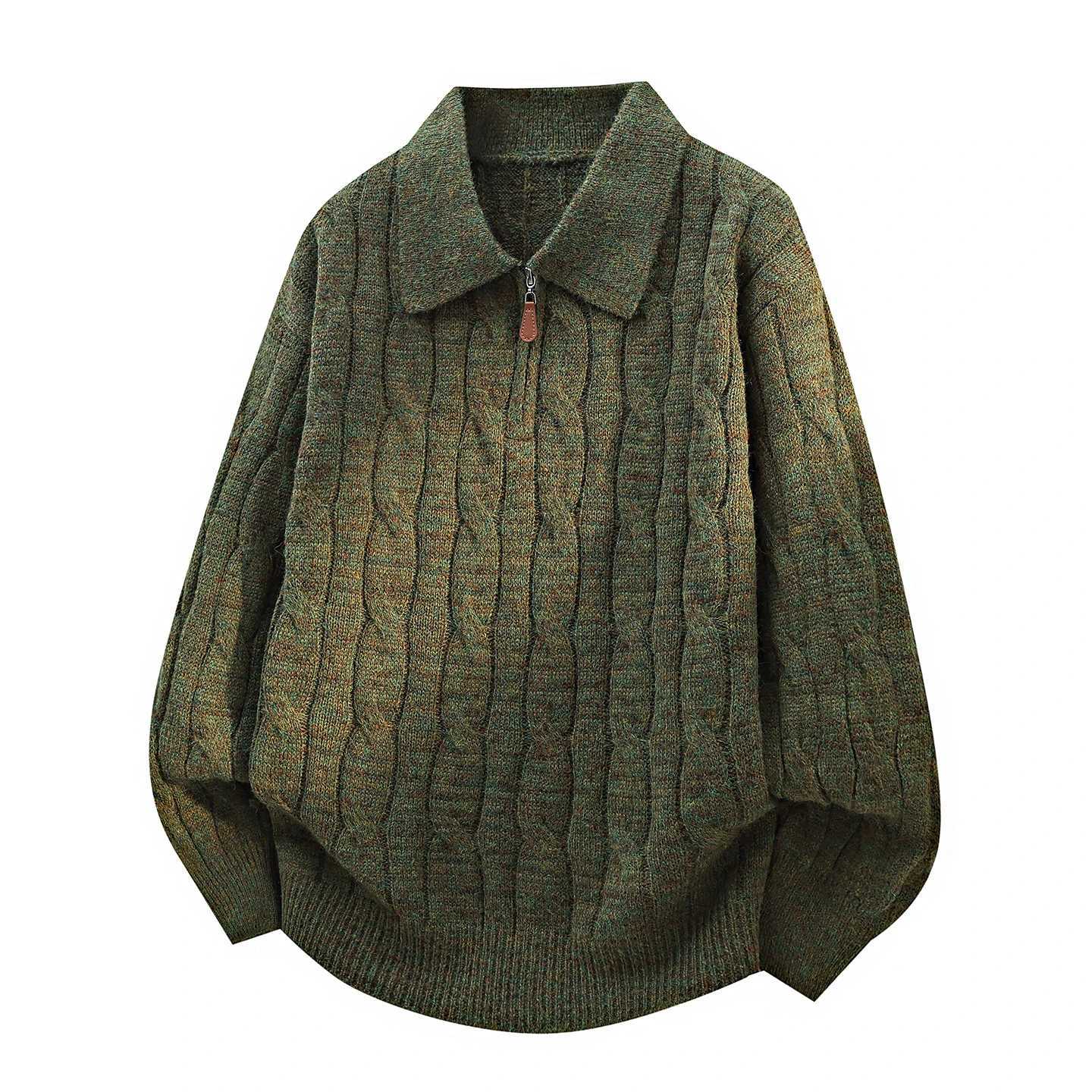 Solid Men's Knit Sweater Pullover Color Long Slve Lapel zipper-Up Fall Winter Loose Warm Casual top M261016