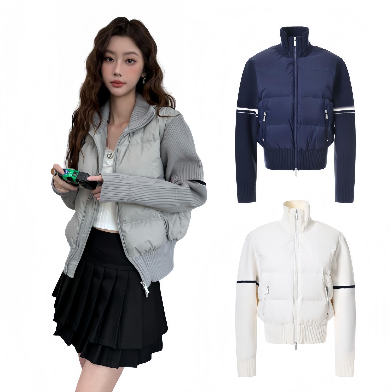 Womens Puffer Jackets Down Jacket Designer Winter Womens Coats Stripe Knitted Sleeve Patchwork Down Jacket Short Stand Collar Winter Warm Coat White
