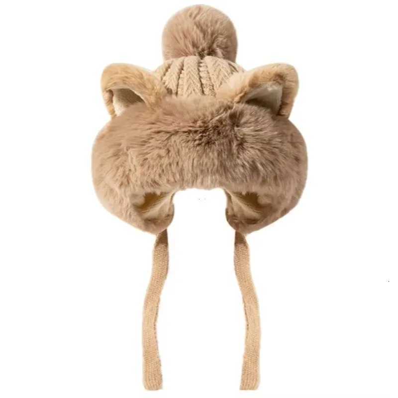 Beanie/Skull Caps Sweet and Cute Knitted Woolen Bonnets for Woman Winter Fox Ear Hat Female Plush Thick and Warm Hat Protection Ear Bonnets Q261017