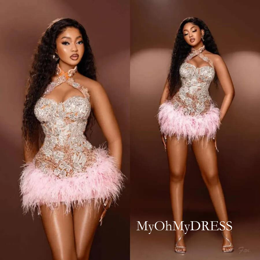Mini Cocktail Party Prom Dresses Halter Illusion Feather Mermaid Night Gowns Arabic Birthday Evening Dress Customized Y016