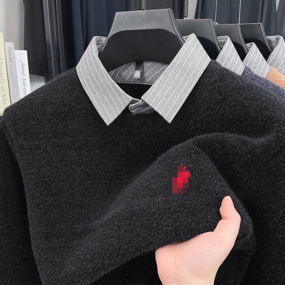 Knitted Bottoming Shirt Autumn and Winter Mens Sweater Shirt Collar Fake Two Tops Men's Winter Fashion Warm Long Sleeves