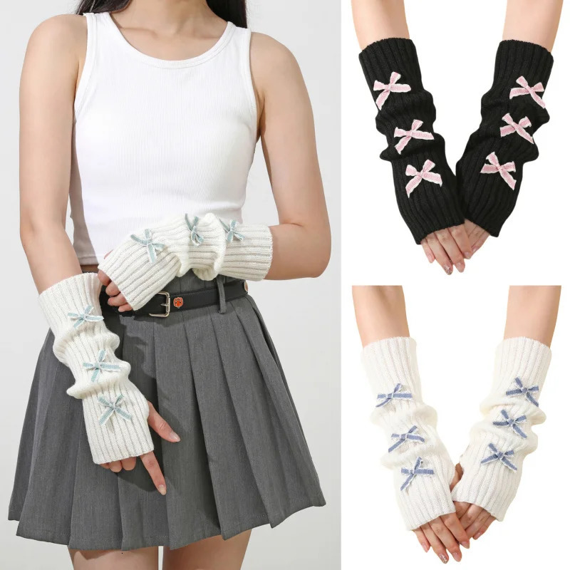 6Butterfly Knot Gloves for Women Autumn and Winter Knitted Warm College Style Mid-Length Pile Sleeve Fingerless Arm Warmers261019