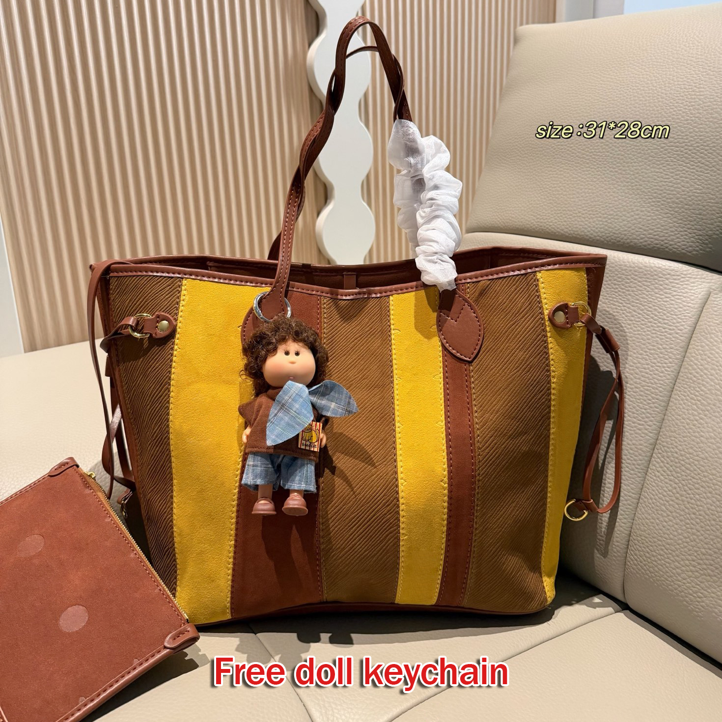 Striped Monogram Tote bag Brown Yellow Vintage Striped Suede Shopping bag Large Capacity Shoulder Tote Handbag Ladies Large Commuter bag Daily Work