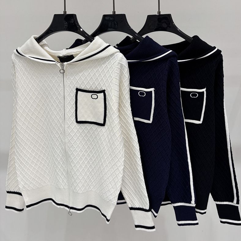 Athleisure Women Hooded Knit Jacket Minimalist Plaid Zipper Up Pocket Trim Piping Thin Outwear Autumn Sport Weekend Casual Knit Cardigan