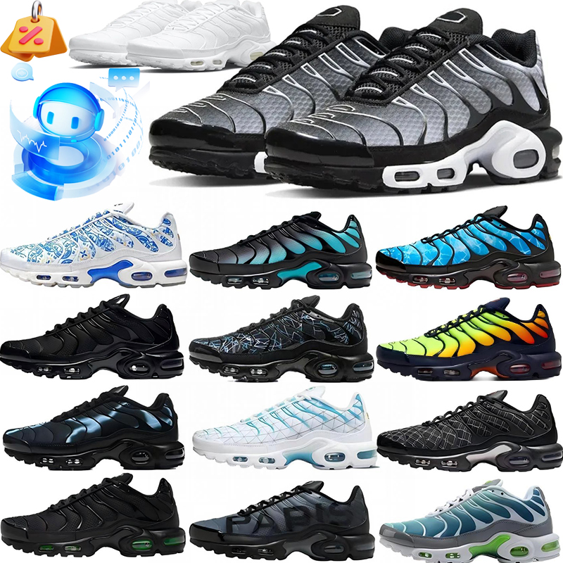 Designer Plus size Running shoes Men tn White Cushion Sneakers Wave Texture Retro Breathable Mesh Lining Casual Street Footwear Durable Rubber Sole