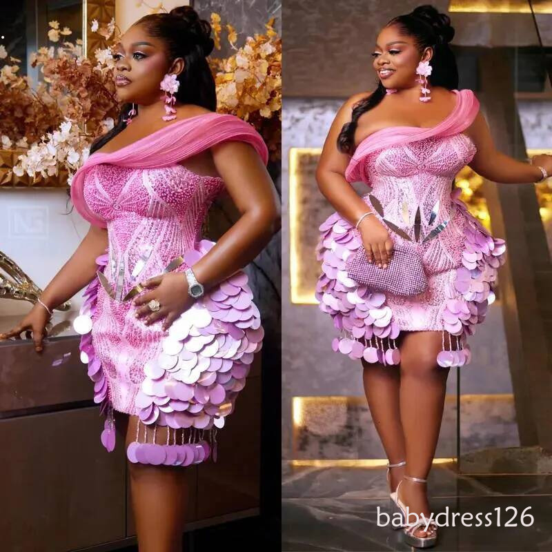Plus Baby Pink Cocktail Dresses For Women Short Prom Dress One Shoulder Sequins Beads plus Size Evening Homecoming Gowns BC24092