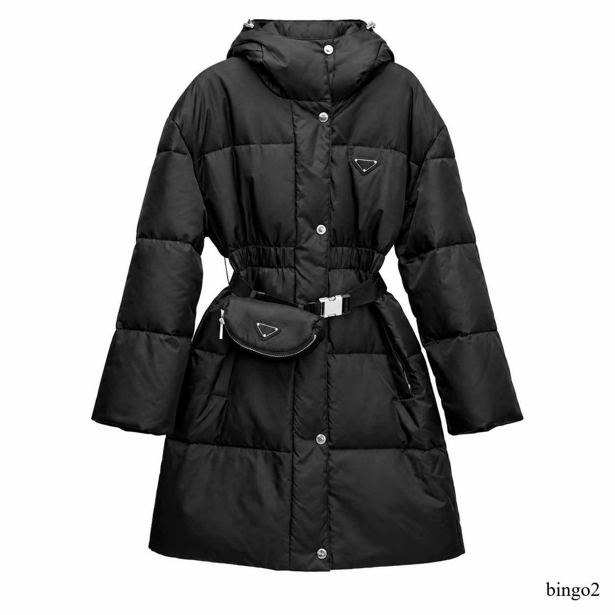 Womens Down Jacket Hooded Quilted Puffer Coat Adjustable Waist Belt Removable Fanny Pack Recycled Nylon Shell Water Resistant Warm Winter