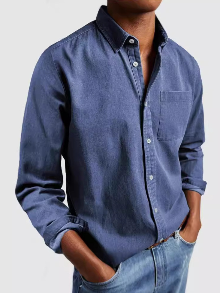 2026 Foreign Trade European And Fashion New Style Turn-Down Collar Solid Color Men's Vintage Long-Sleeve Shirt Honglu New Men's Shirts