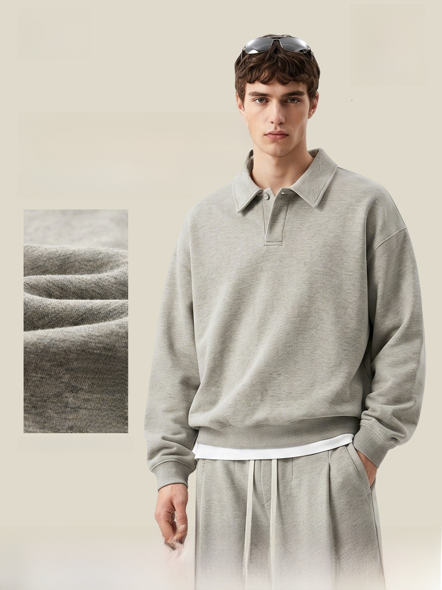 BE Men's Autumn Collection: American Street Style, Retro Floral Yarn Blend, Half-Open Front Polo Shirt, Heavyweight, Loose Fit, With A Turn-Dow