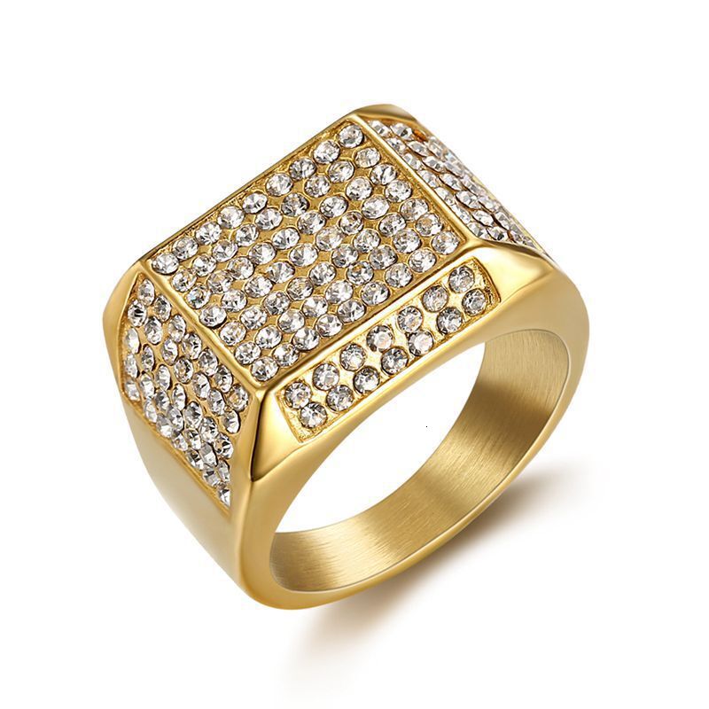 Wish Hot-Selling European and American Trendy Nightclub Hip-Hop Titanium Steel Color-Retaining Gold-Plated Full Diamond Men's Ring