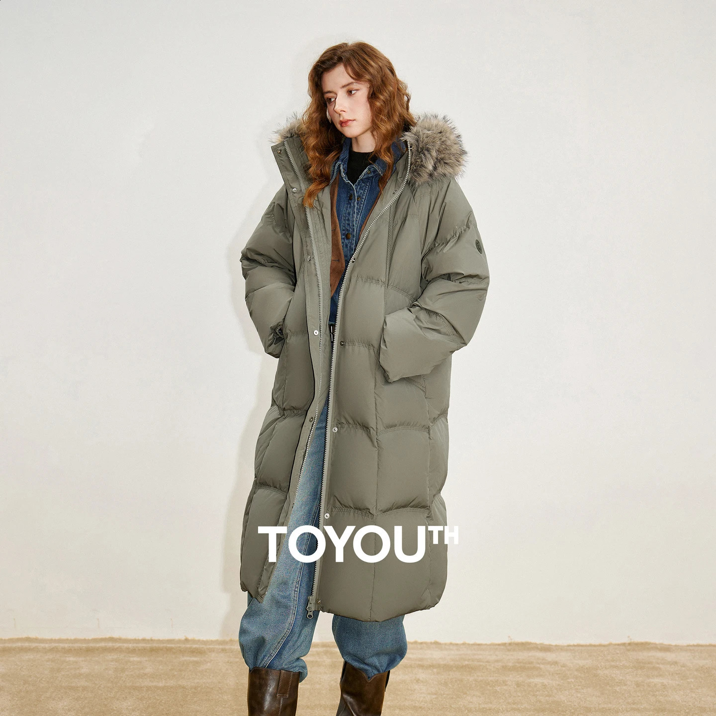 TOYOUTH Women 90% White Duck Down Thick Down Jacket Winter Fur Collar Hooded Extra Long Warm Jacket Coat 261014