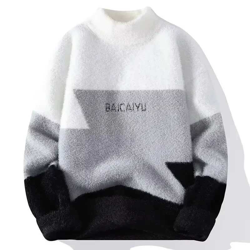 Men's Plush Sweater Pullovers New Korean Winter Warm O Neck Colorblock Sweater High Quty Cool Top Fashionable Men's Clothing M261016