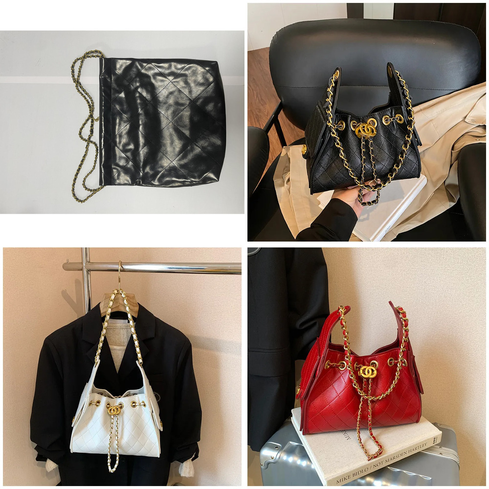 luxury Prluxury designer bag 2026 Women's Viral Quilted Chain Bucket Bag Large Capacity Shoulder Underarm Motorcycle Style Purse free shipping