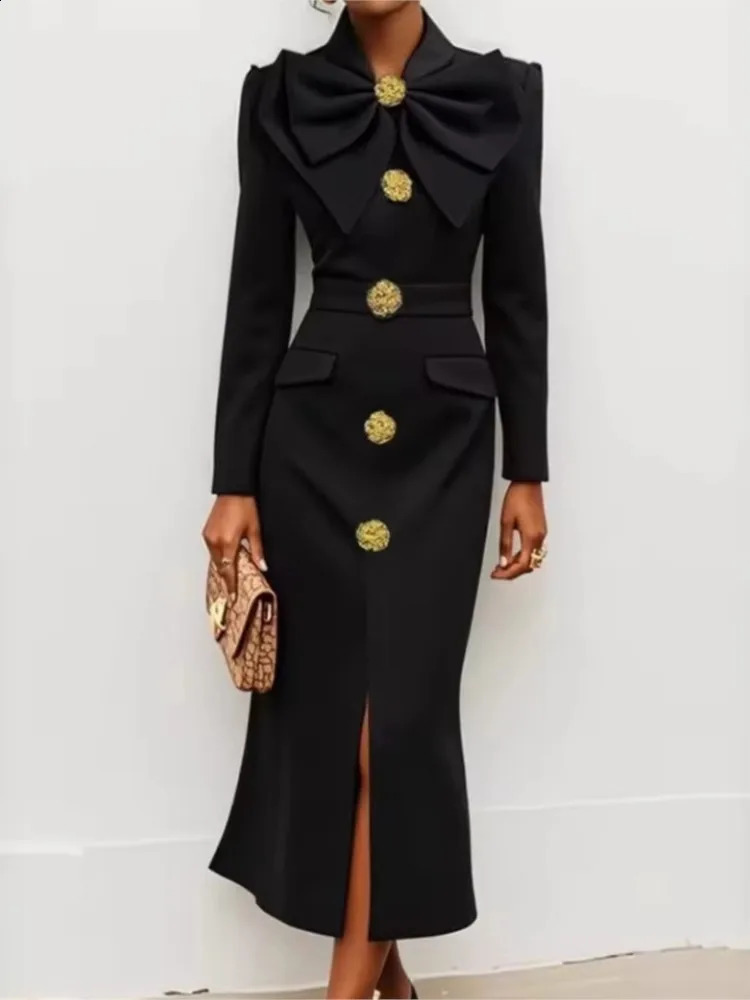 Women's Formal Evening Dress Bow Tied Buttoned Long Sleeve Slim Long Dress 2026 Autumn Female Elegant Black Party Dresses 261015