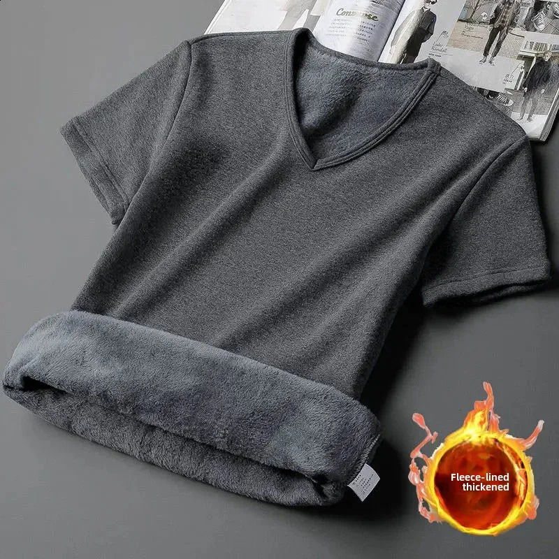 Men's Velvet Short Sleeve V-neck T-shirt Base Shirt Autumn/Winter Warm Underwear Half Sleeve Top Thermal Short Sleeve Men 261014