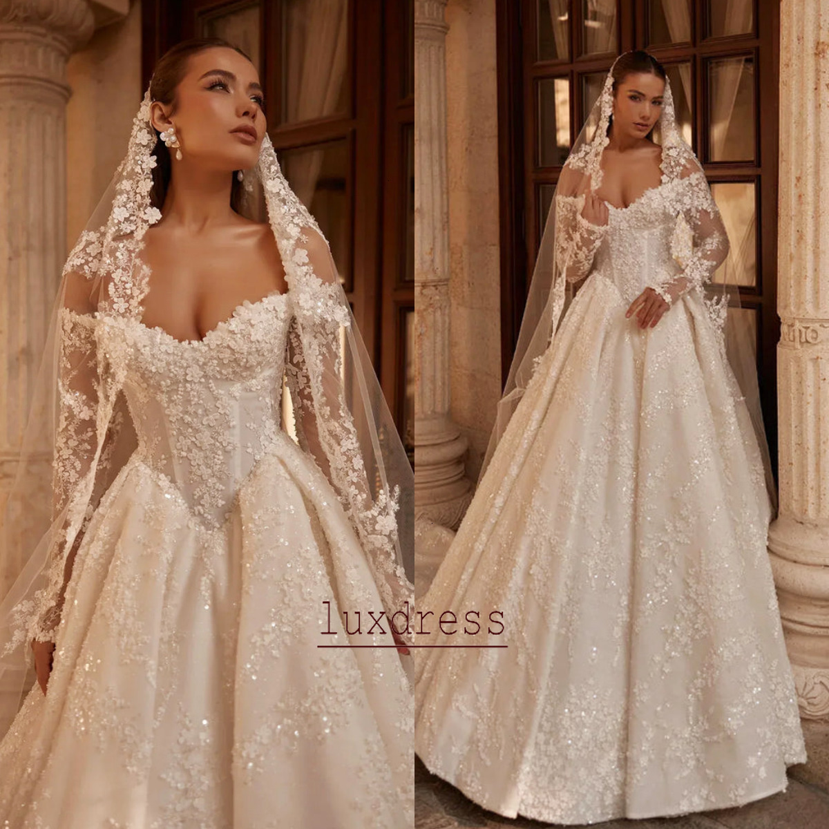 Luxury Arabic Dubai Lace Wedding Dress Sweetheart Off Shoulder Long Sleeve A-line Elegant Bride Dress Customized Robes de mariage