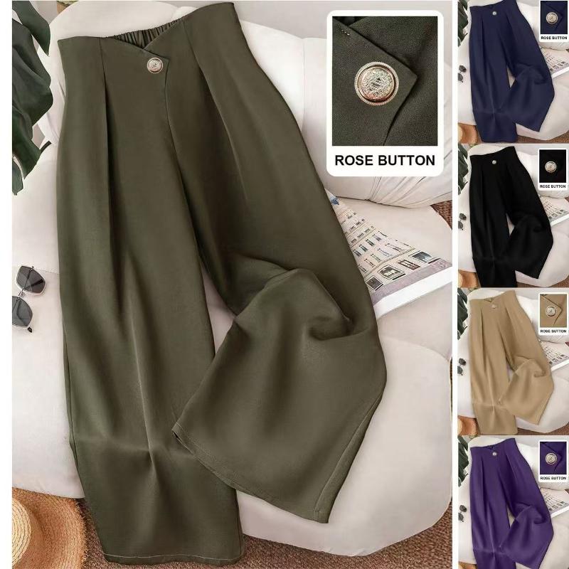 Pantalon taille haute à jambes larges pour femmes, à la mode, avec bouton Rose, décor, taille élastique au dos, couleur unie, drapé ample, décont