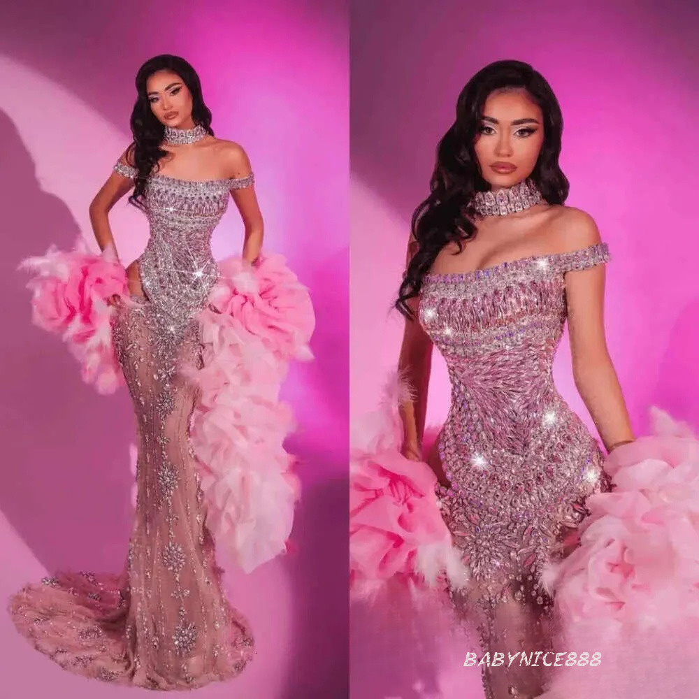 Glamorous Off Shoulder Evening Dresses Crystal Illusion Prom Dress Feather Ruffle Shawl Customized Party Gowns Vestidos De Noche Plus Size BC22078