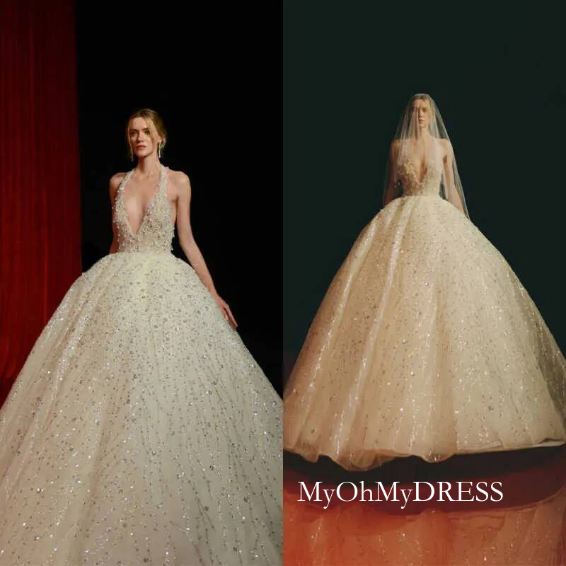 Gorgeous Wedding Ball Gowns With Veil Halter Sequins Beaded Bride Dresses Custom Made Floor Length For Formal Bridal Wearing Y016