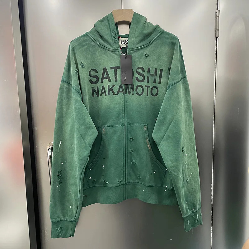 Classic Letters Print Satoshi Nakamoto Zipper Hoodie Hooded Men Women Vintage Washed Green Damaged Hole Splashed Ink Coats 261014