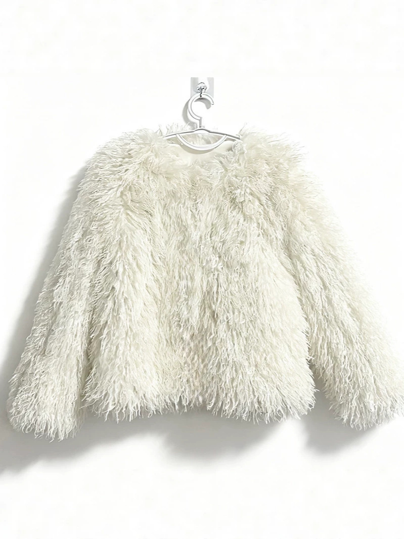 Leather-like fur coat, short sleeve top, eco-friendly sheepskin fur, fall-winter women's dress coat, fluffy material