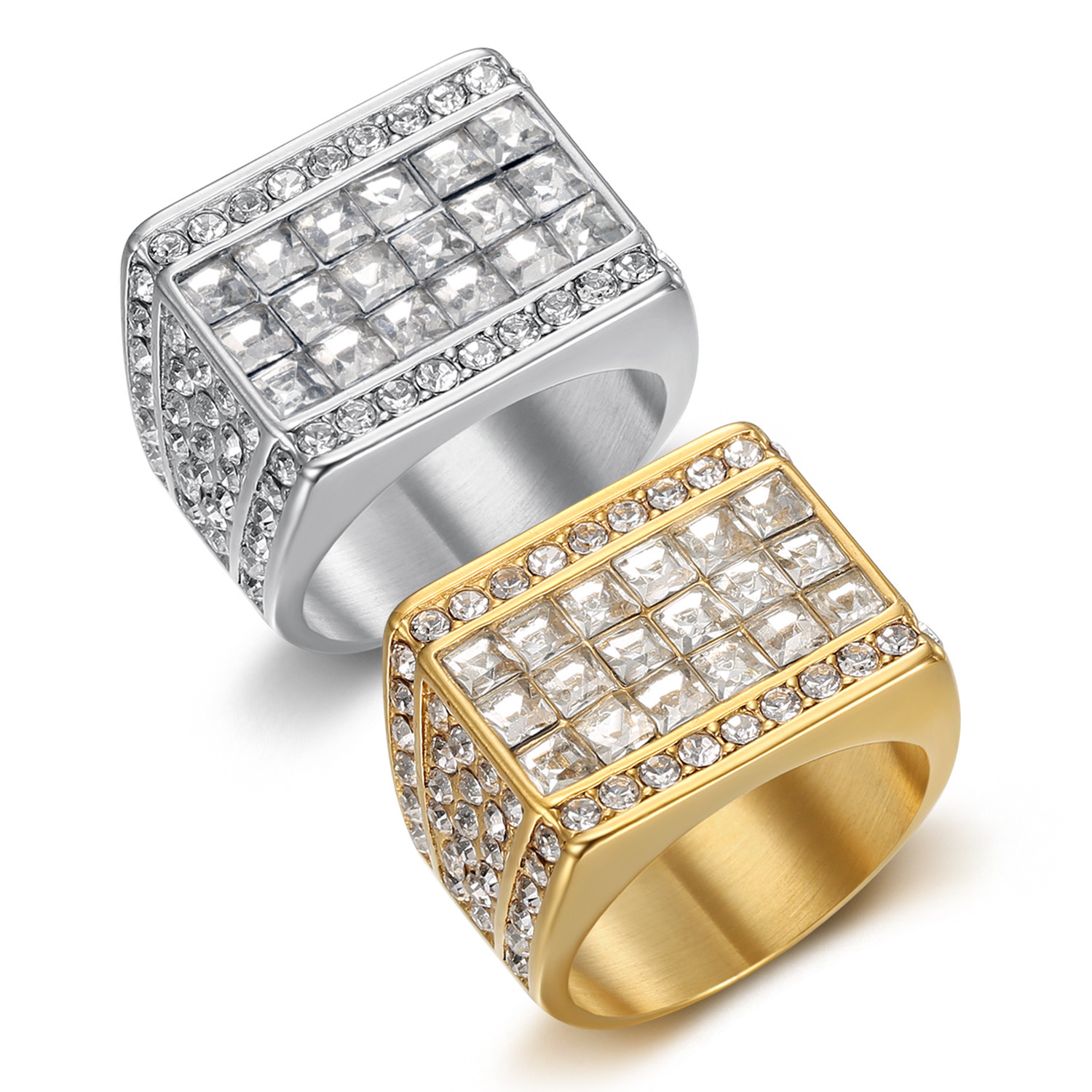 European and American Wish New Luxury Men's Full 316 Stainless Steel Square Diamond HipHop Ring