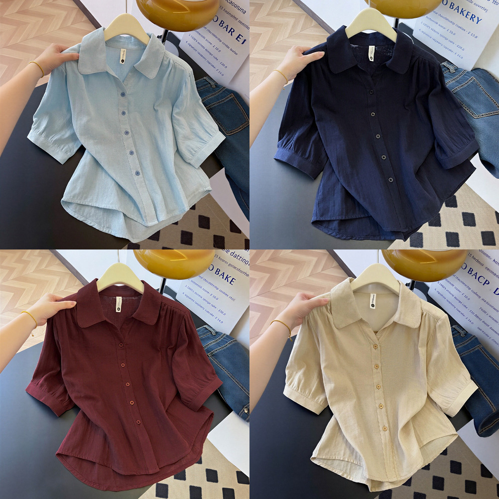 New double-layer cotton gauze design, pure cotton, five-quarter sleeve shirt for women, thin summer style, Korean-inspired, simple and casual shirt